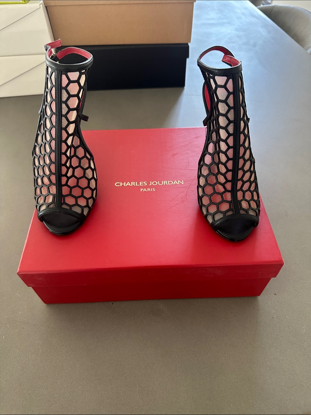 Charles Jourdan Black Honeycomb Mesh Peep-Toe Booties with Pink Lining